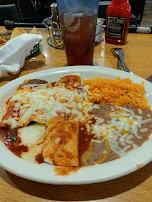 One Beef Enchilada Spanish Rice and Fried Beans